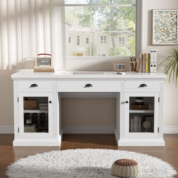 67.70 in. Rectangular White Solid Wood Desk with 2 Glass Doors Storage Cabinet and 3 Drawers