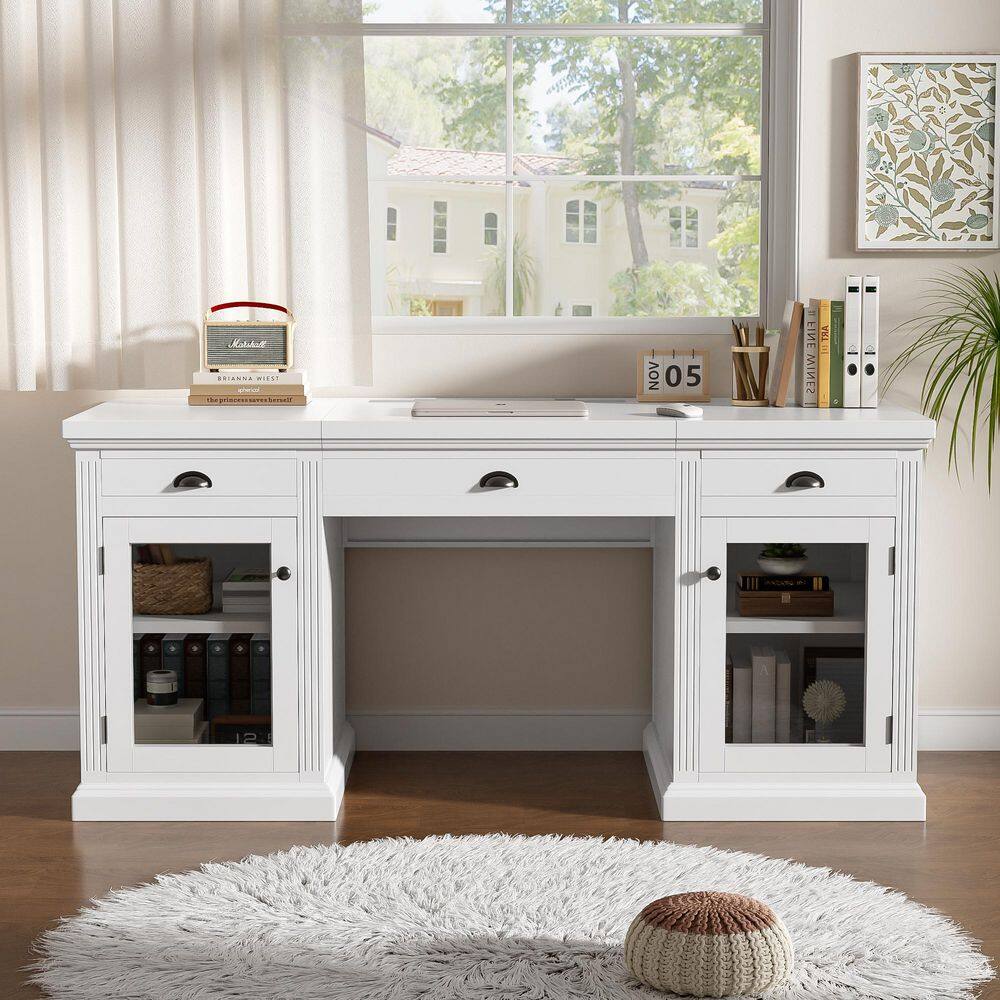 67.70 in. Rectangular White Solid Wood Desk with 2 Glass Doors Storage Cabinet and 3 Drawers