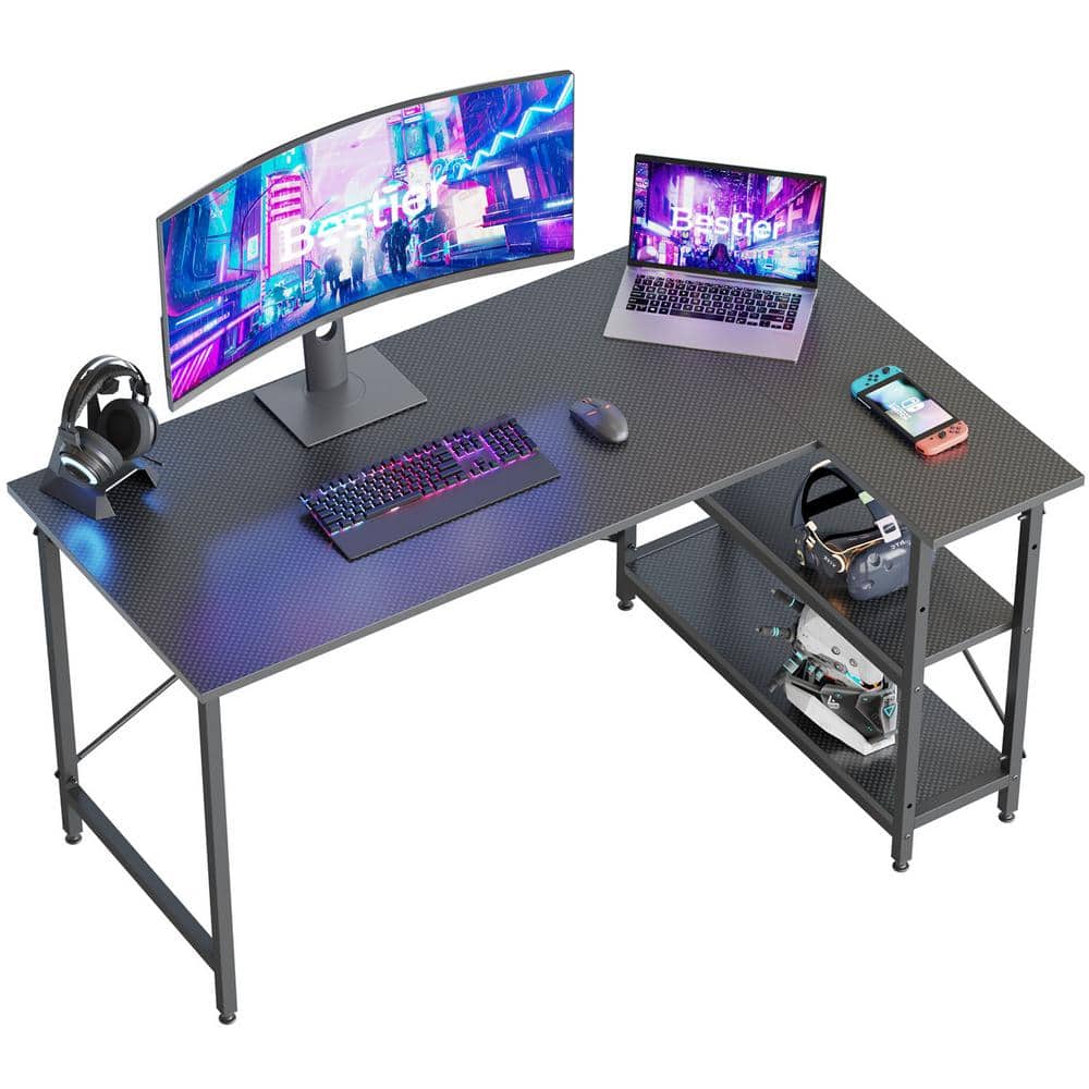 Bestier Gaming Desk with LED Lights, Computer Desk with 4 Tiers Reversible  Shelves, 51.3 Inch Gamer Desk with Side Storage Bag, Hooks and Height  Adjustable Shelf Black Carbon Fiber : : Home