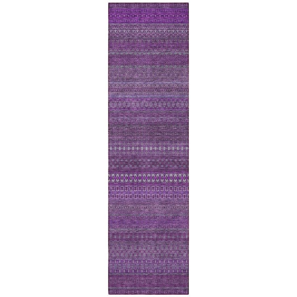 Eggplant 2 ft. x 8 ft. Woven Striped Polyester Runner Indoor / Outdoor Area Rug