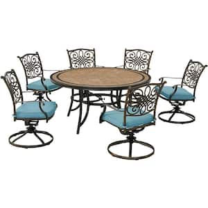 Monaco 7-Piece Aluminum Outdoor Dining Set with Blue Cushions, 6 Swivel Rockers and a 60 in. Tile-Top Table