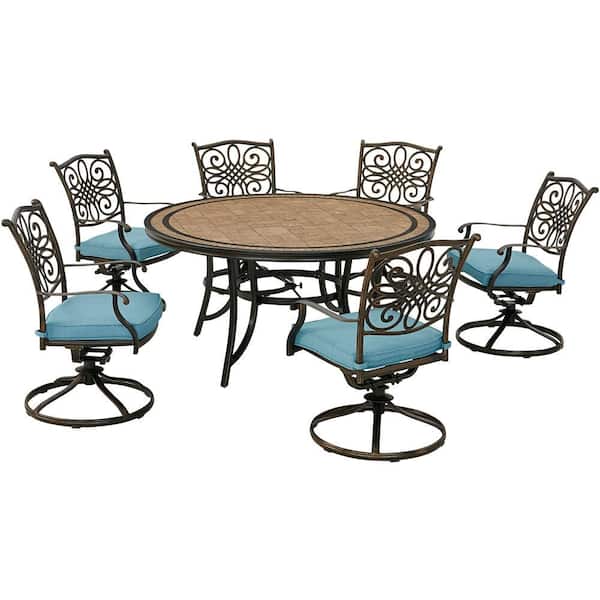Hanover Monaco 7-Piece Aluminum Outdoor Dining Set with Blue Cushions, 6 Swivel Rockers and a 60 in. Tile-Top Table