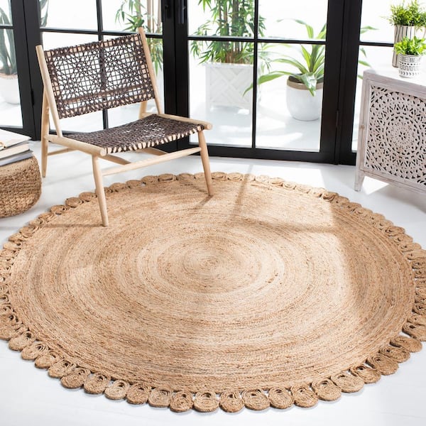 Natural Fiber 9 ft. x 9 ft. Round Natural Woven Floral Area Rug