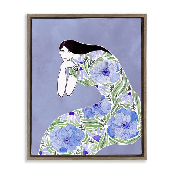 Blue Floral Dress by Melissa Wang Brown Floater Frame People Graphic Art Print 31 in. x 25 in.