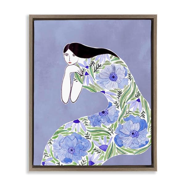 Stupell Industries Blue Floral Dress by Melissa Wang Brown Floater Frame People Graphic Art Print 31 in. x 25 in.