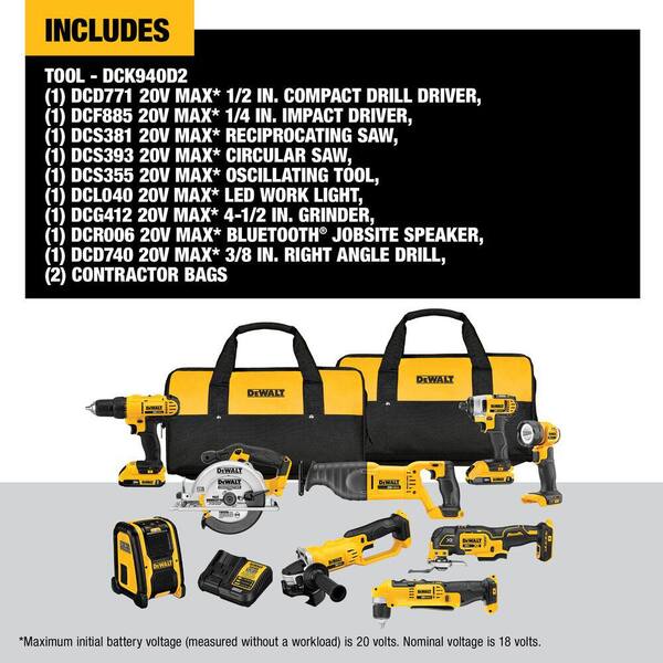 20V MAX Lithium-Ion Cordless 9 Tool Combo Kit with (2) 5.0 Ah Batteries, (2) 20V 2. 0Ah Batteries and Charger