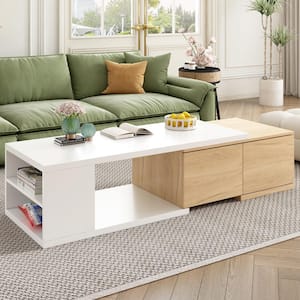 47.2- 57 in. White Rectangle MDF Top Extendable Dual-tone Wood Center Coffee Table with Storage and 2 Drawers