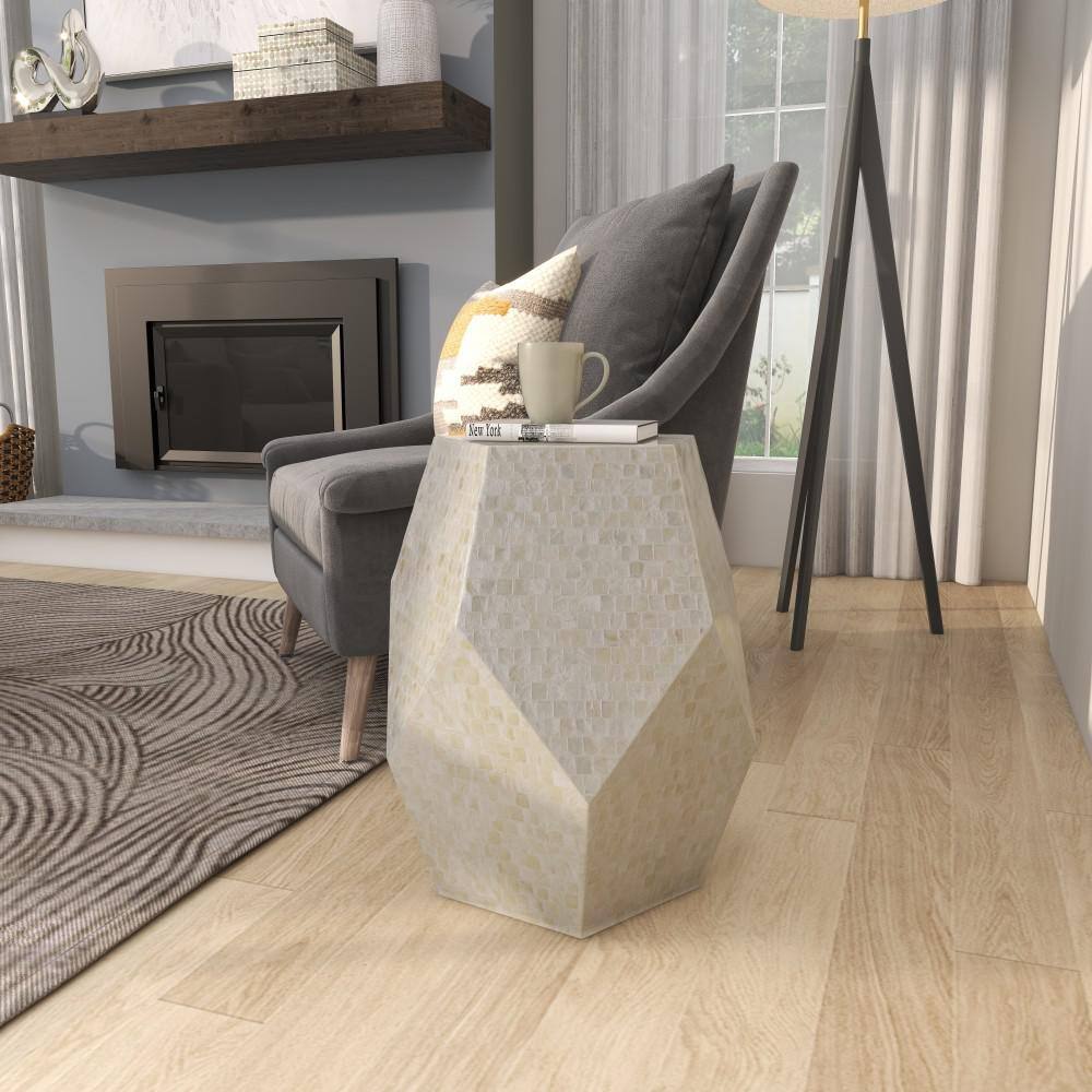 Elegant Cream Mosaic Shell & Wood Round Accent Table