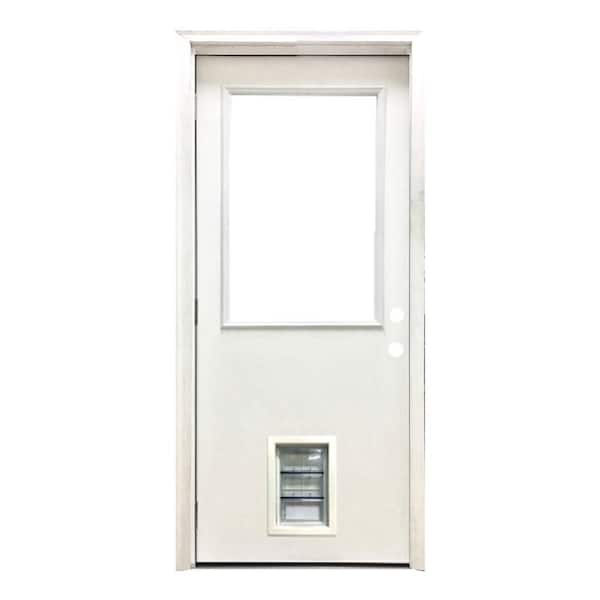 36 in. x 80 in. Reliant Series Clear Half Lite RHOS White Primed Fiberglass Prehung Back Door with Med Pet Door