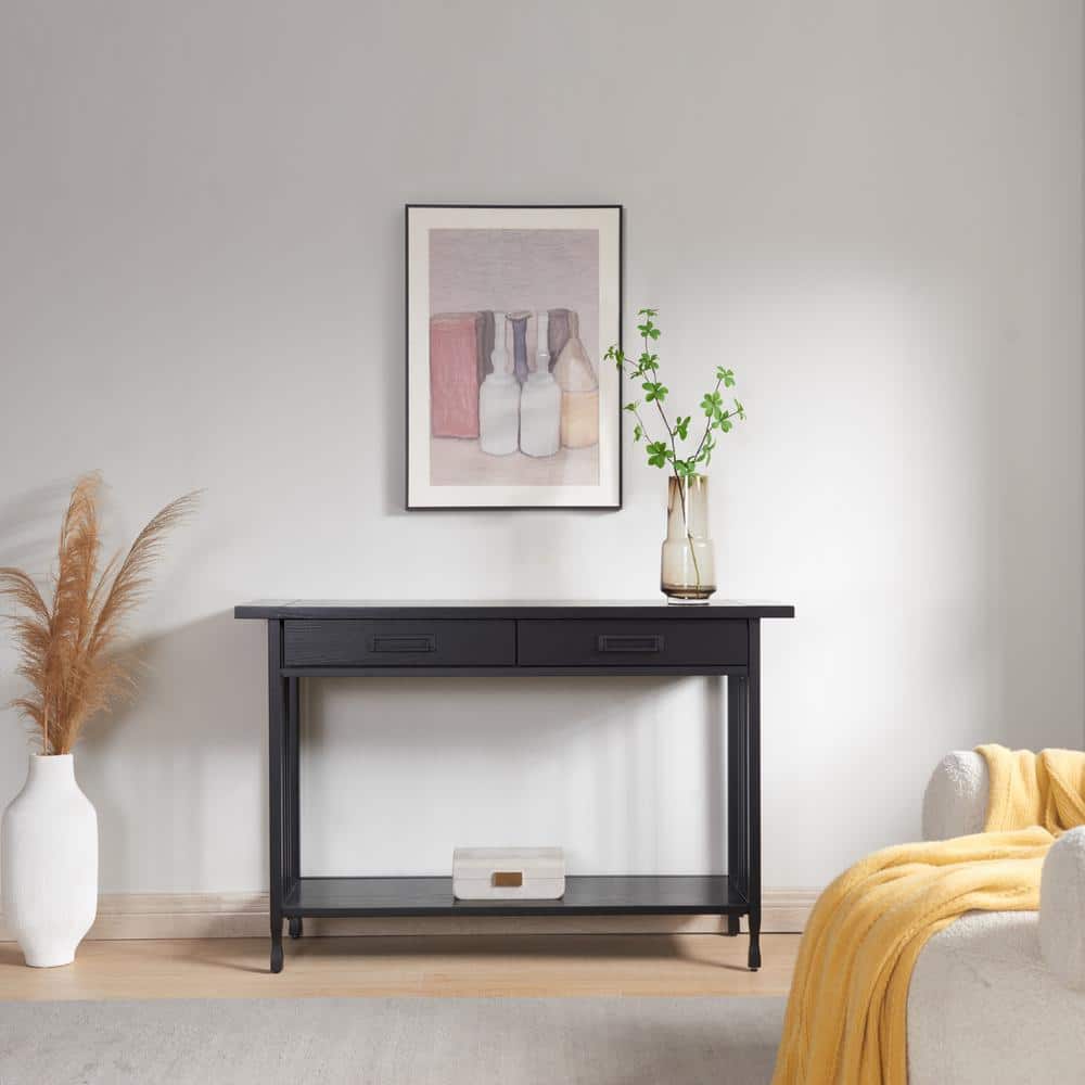 Black Wash Wood and Metal Console Table with Storage
