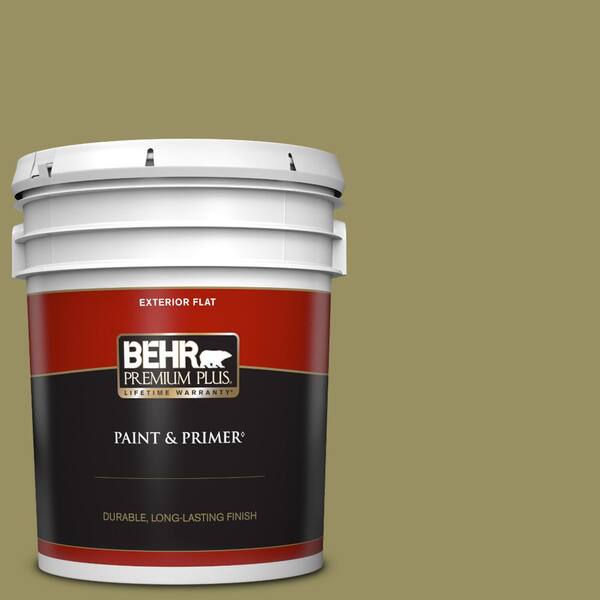 BEHR PREMIUM PLUS 5 gal. #390F-6 Tate Olive Flat Exterior Paint & Primer