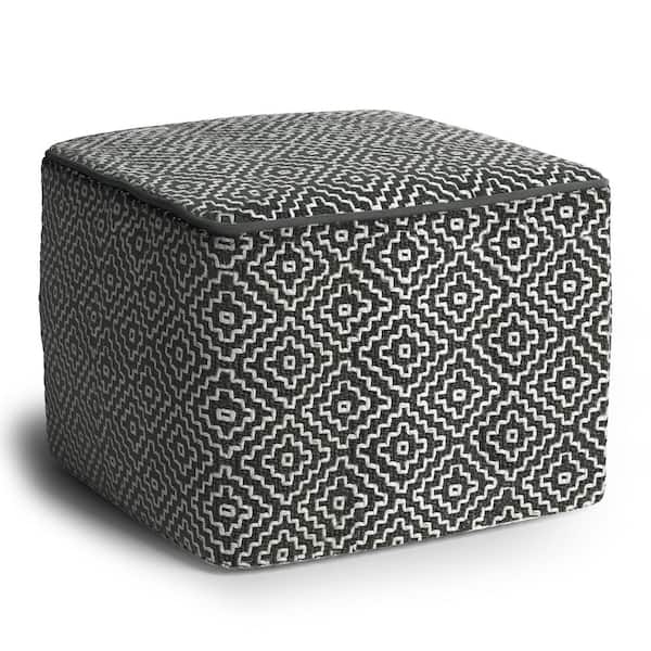 Simpli Home Briella Boho Square Woven Outdoor/ Indoor Pouf in Grey and White Recycled PET Polyester