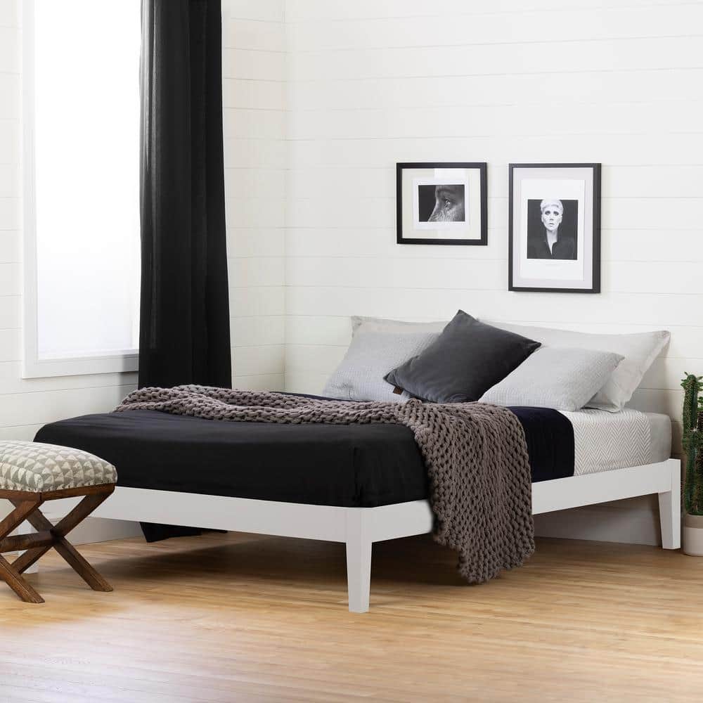 Pure White Solid Wood Queen Platform Bed with Upholstered Slats