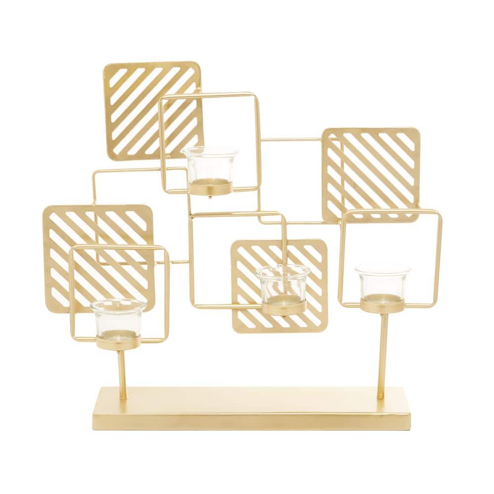 Gold Metal and Glass Contemporary Candelabra with Striped Squares