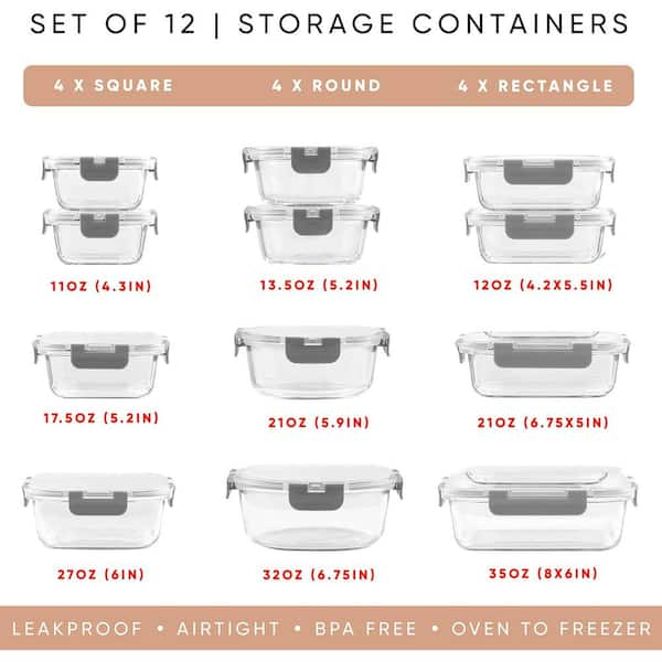 Aoibox 24pc Borosilicate Glass Storage Containers with Lids, 12 Airtight,  Freezer Safe Food Storage Containers, Grey SNPH002IN373 - The Home Depot