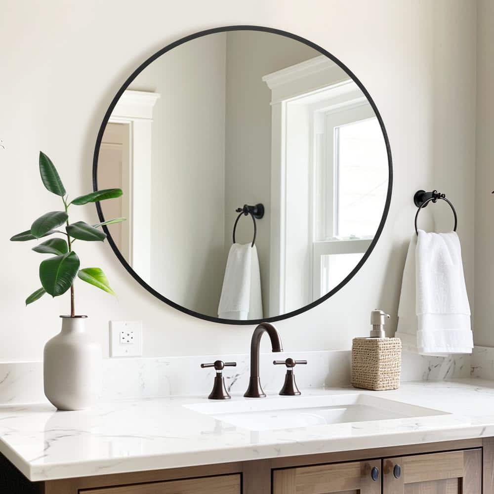 47 in. W x 47 in. H Metal Framed Round Mirror in Black