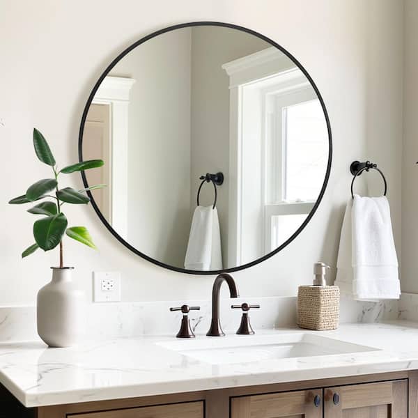 Lirago 47 in. W x 47 in. H Metal Framed Round Mirror in Black