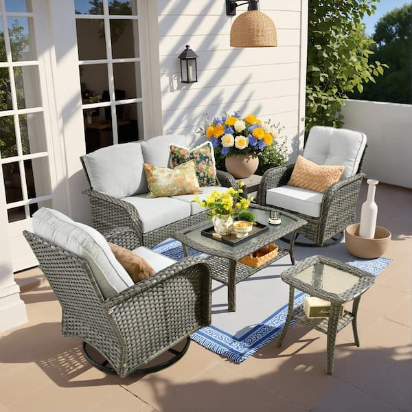 Gray 5-Piece Swivel Wicker Outdoor Lounge Chair Sofa Set with Light Gray Cushions & 2 Table for Patio, Garden (2-Pack)