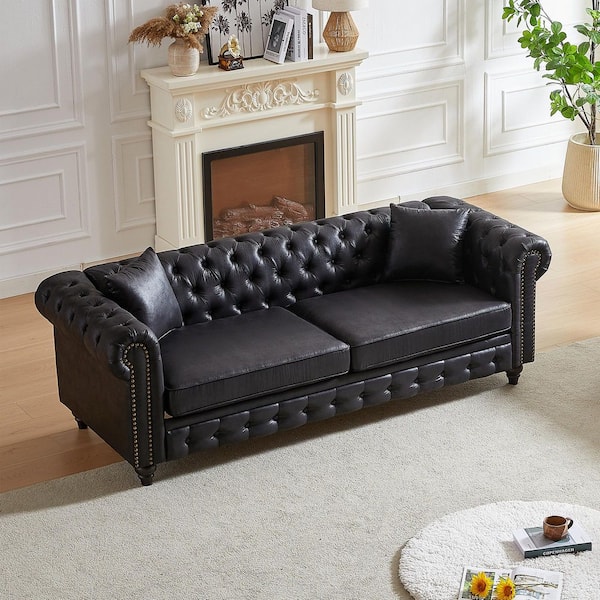 Beryl 85.5 in. Rolled Arm Faux Leather Upholstered Rectangle Tufted Chesterfield Sofa in Black with Pillows, Nailhead