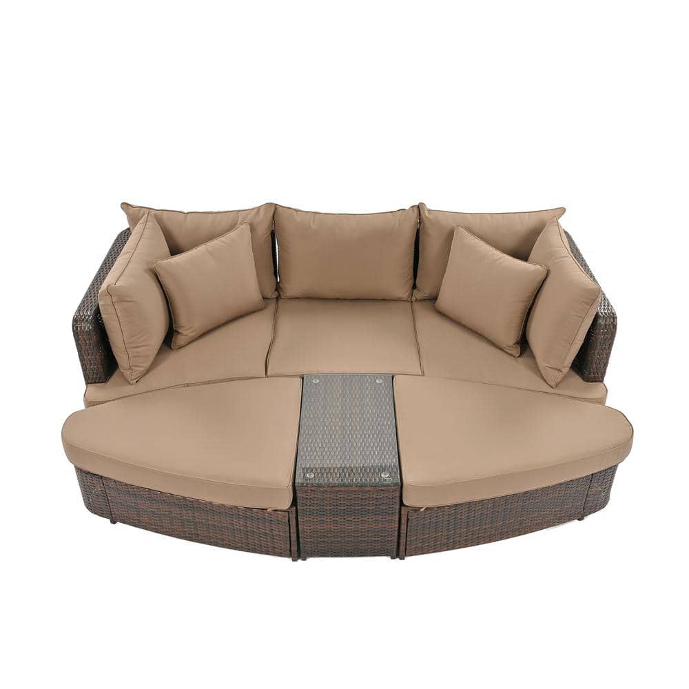 Brown PE Wicker Rattan 6-Piece Patio Outdoor Conversation Round Day Bed Sof