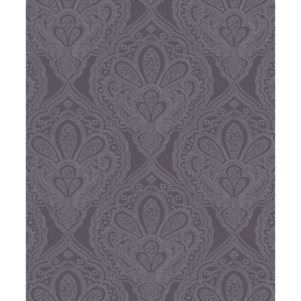 Emporium Collection Purple and Silver Mehndi Damask Embossed Metallic Finis