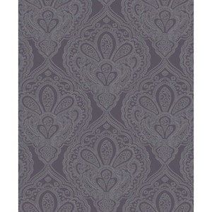 Emporium Collection Purple and Silver Mehndi Damask Embossed Metallic Finish Paper Non-Pasted Non-Woven Wallpaper Roll