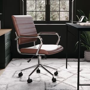 Piper Faux Leather Adjustable Height with Wheels Office Chair in Saddle Brown Faux Leather/Polished Nickel with Arms