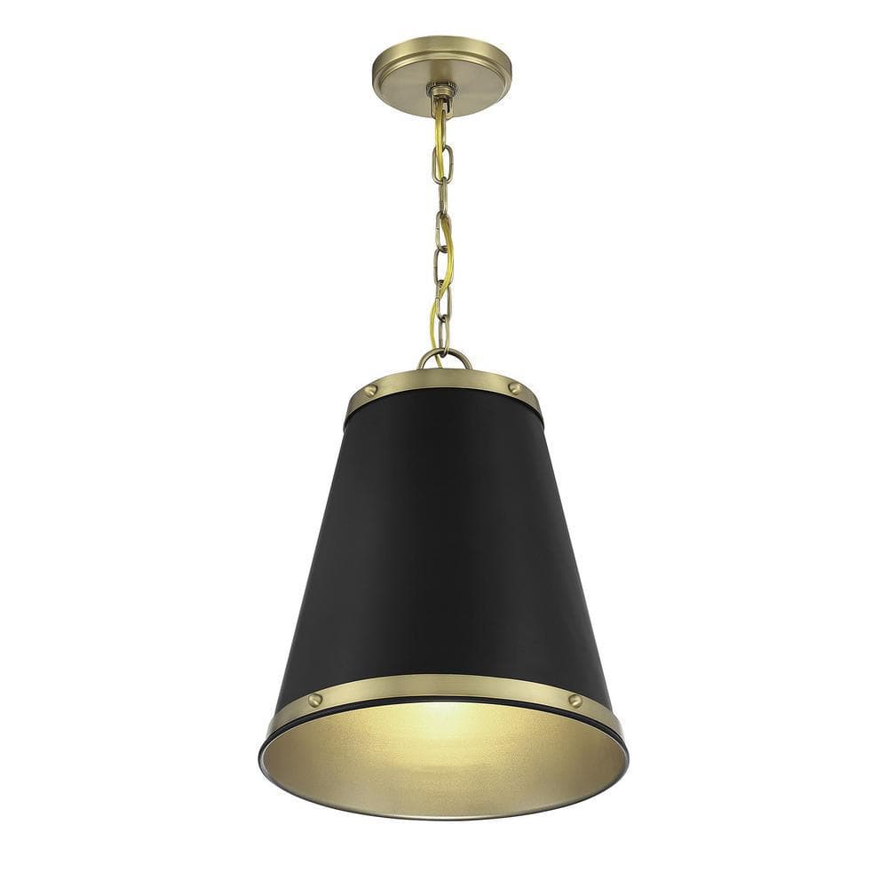 Matte Black and Natural Brass 1-Light Pendant with Glass Accents