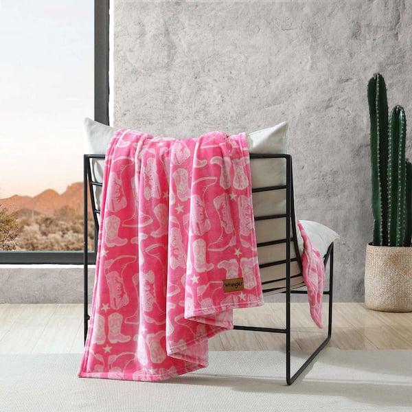 Wrangler Knockin Boots 50 x 60-Pink Plush Fleece Throw Blanket
