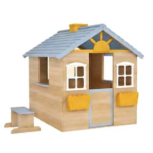 Outdoor Gray Wood Playhouse Door with Windows, Flowerpot Holders