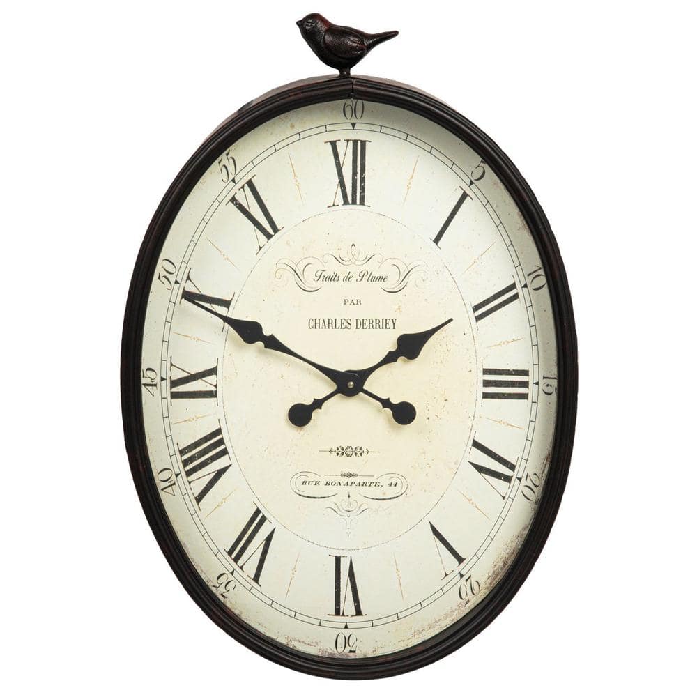 Antique Bronze Oval Metal Wall Clock with Bird