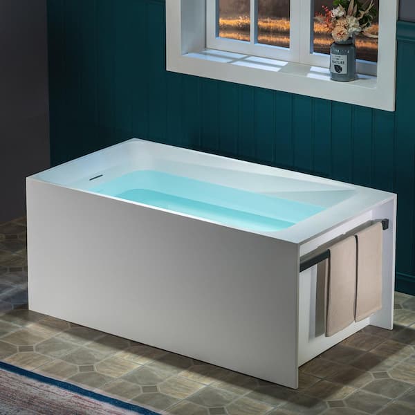 51 in. x 27.5 in. Stone Resin Solid Surface Freestanding Soaking Bathtub in Matte White w/ Towel Bar and 2 Drain Covers