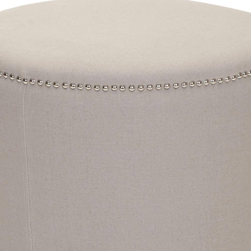 Transitional Round Beige Linen Ottoman with Nailhead Trim
