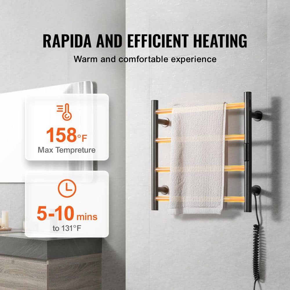 Black Stainless Steel Wall-Mounted 4-Bar Heated Towel Warmer