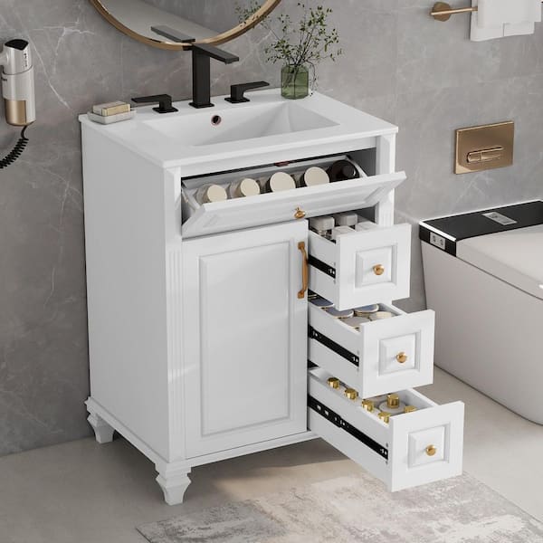 24 in. Modern Freestanding White Solid Wood Bath Vanity with White Ceramic Top, 3-Drawers and Soft-Close Door