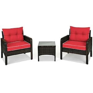 3-Pieces Wicker Patio Conversation Set with Red Cushions