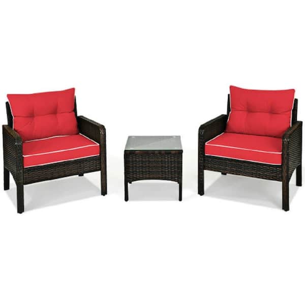 WELLFOR 3-Pieces Wicker Patio Conversation Set with Red Cushions