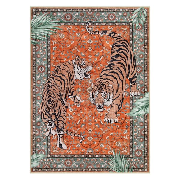 5 ft. x 7 ft. Red/Brown Vintage Tiger Washable Non Slip Soft Living Room Bedroom Area Rug