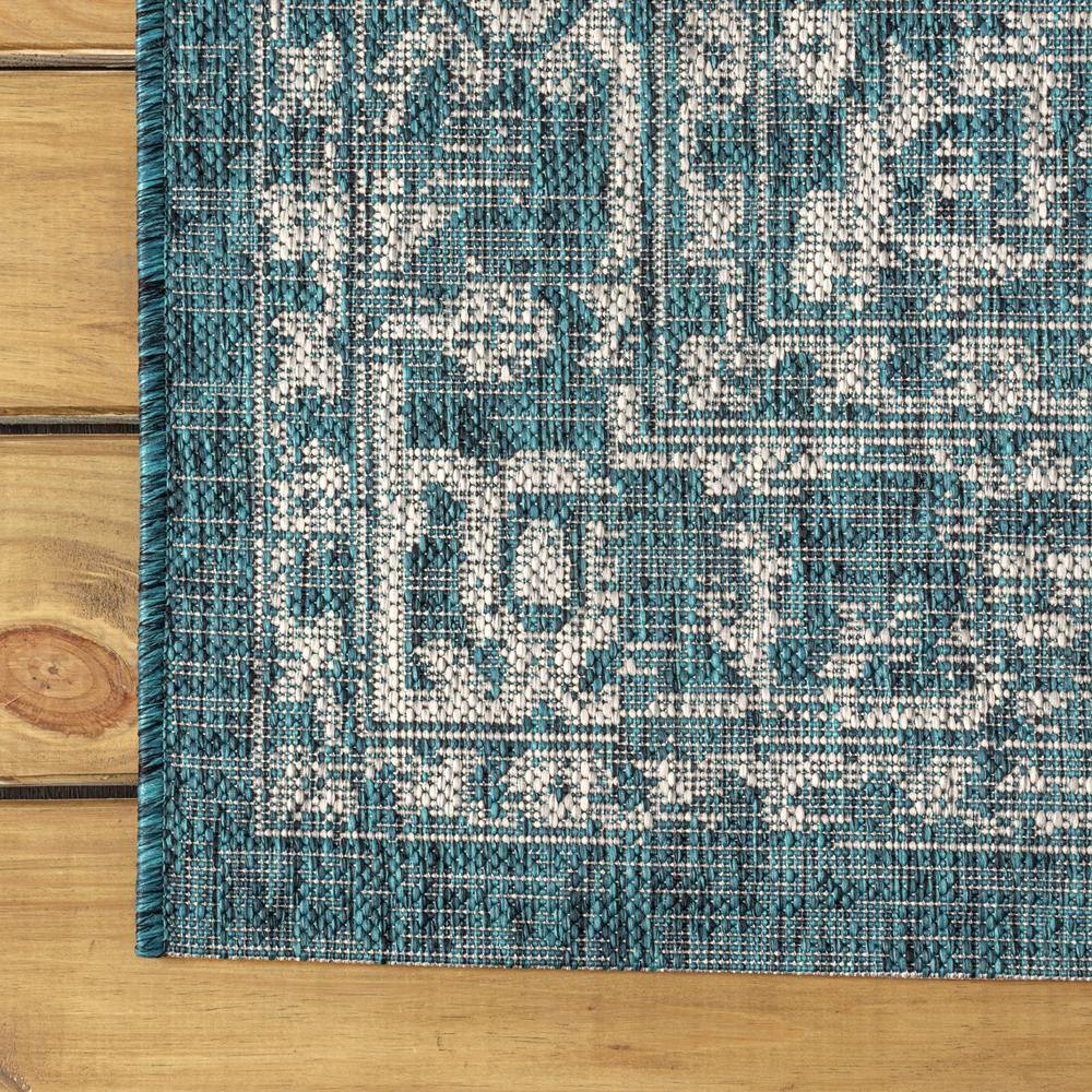 Teal and Gray Synthetic Medallion Runner Rug, 2'-2" x 8'