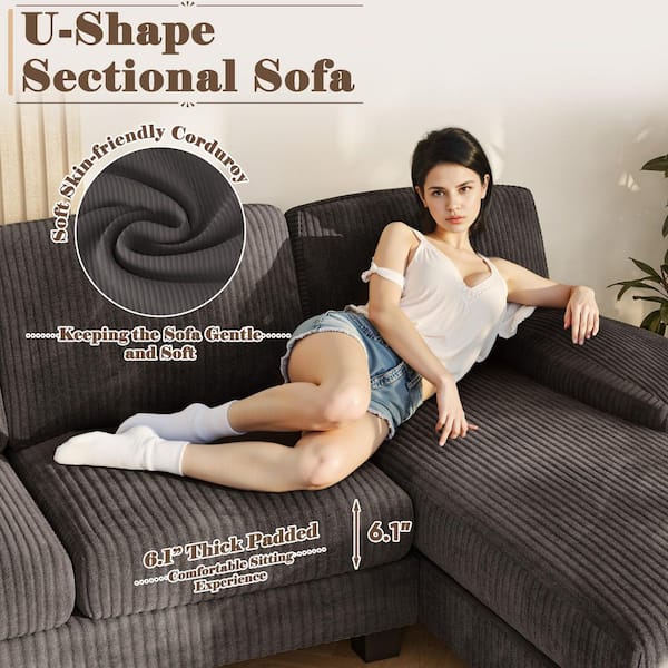 LACOO Sectional Couches 105.9 in. Square Arm U-Shaped Couch with Corduroy, Modern Sofa with Double Chaise for Living Room V-SF24-0704-C4
