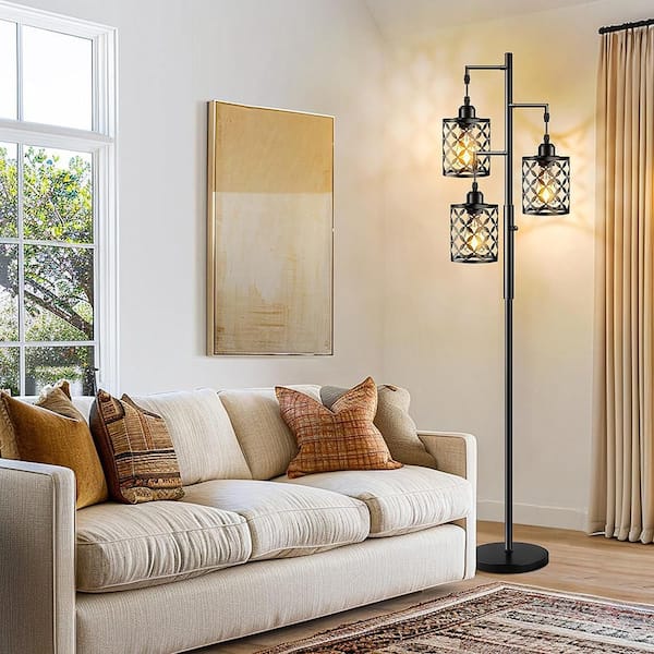 72 in. Black 3-Light Dimmable Tree Floor Lamp with 3 Bulbs