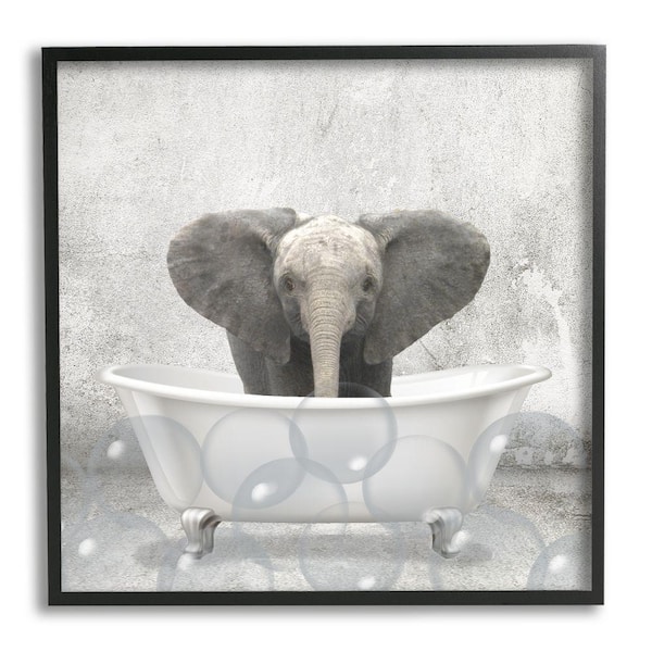 Stupell Industries "Baby Elephant Bath Time Cute Animal Design" by Kim Allen Framed Print Animal Texturized Art 17 in. x 17 in.