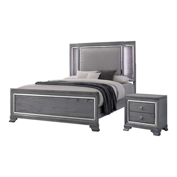 Furniture of America Tannon 2-Piece Light Gray Queen Wood Bedroom Set, Bed with LED light and Nightstand