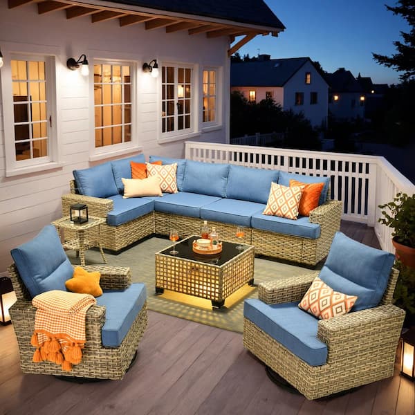 OVIOS Tiberty Gray 9-Piece Wicker Patio Conversation Seating Set with Diamond Blue Cushions and Swivel Chairs
