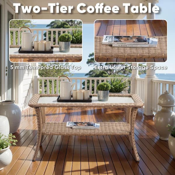 Yellow Rectangle Wicker Outdoor Coffee Table with Tempered Glass Top and Storage Space