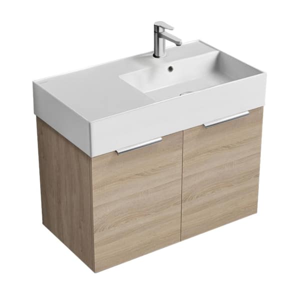 Nameeks Derin 31.9 in. W x 17.3 in. D x 25.2 in. H Modern Bathroom Vanity in Brown Oak With White Ceramic Top