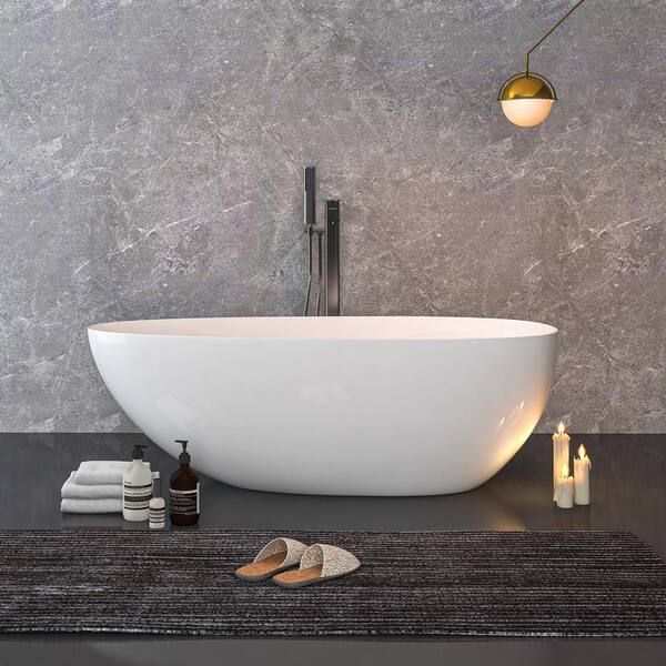 VANITYFUS 59 in. Stone Resin Flatbottom Solid Surface Freestanding Soaking Bathtub in White with