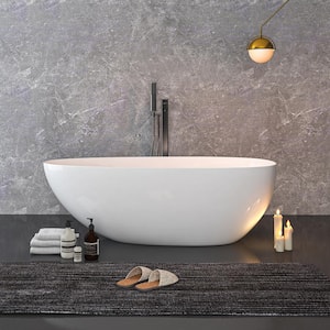59 in. Stone Resin Flatbottom Solid Surface Freestanding Soaking Bathtub in White with Drain