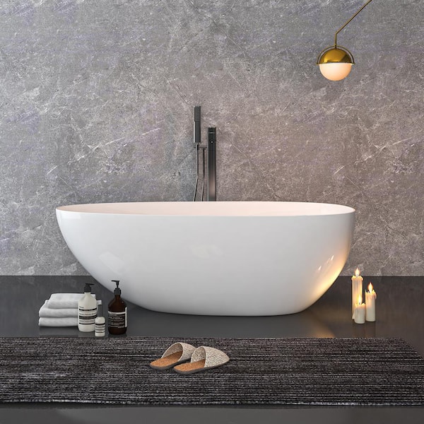 VANITYFUS 59 in. Stone Resin Flatbottom Solid Surface Freestanding Soaking Bathtub in White with Drain