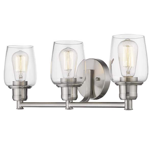 JAZAVA 21.9 in. 3 Light Brushed Nickel Bedroom Vanity Light Wall Sconce Light with Clear Glass Shade